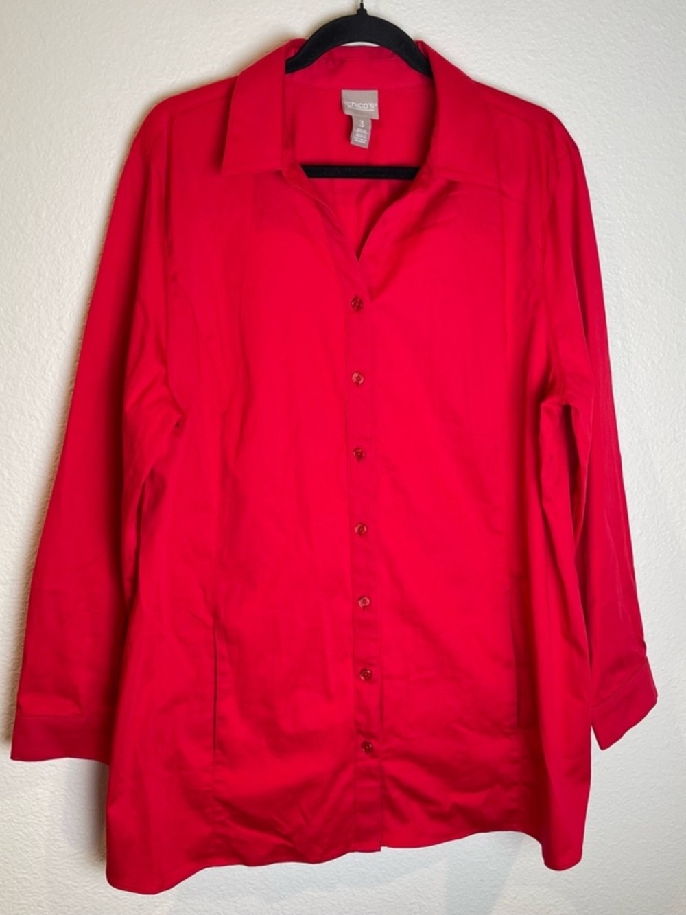 Chico’s Women’s Button Down Shirt Blouse Pocket Tunic Top Longline Size 3 XL Red
